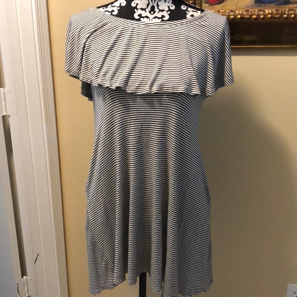 Soprano Striped, scarf neck, sleeveless ultra soft + pockets leisurewear dress